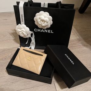 Chanel Caviar Classic Card Holder Quilted Beige Neutral w/gold hardware